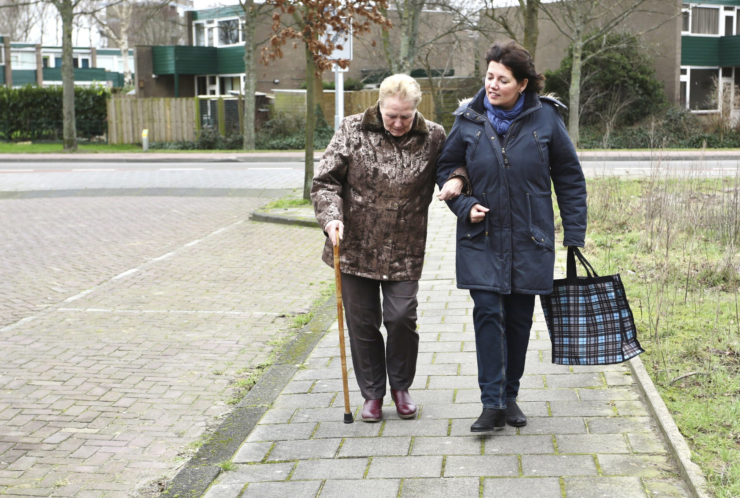 Caregiver helping an older woman carry groceries