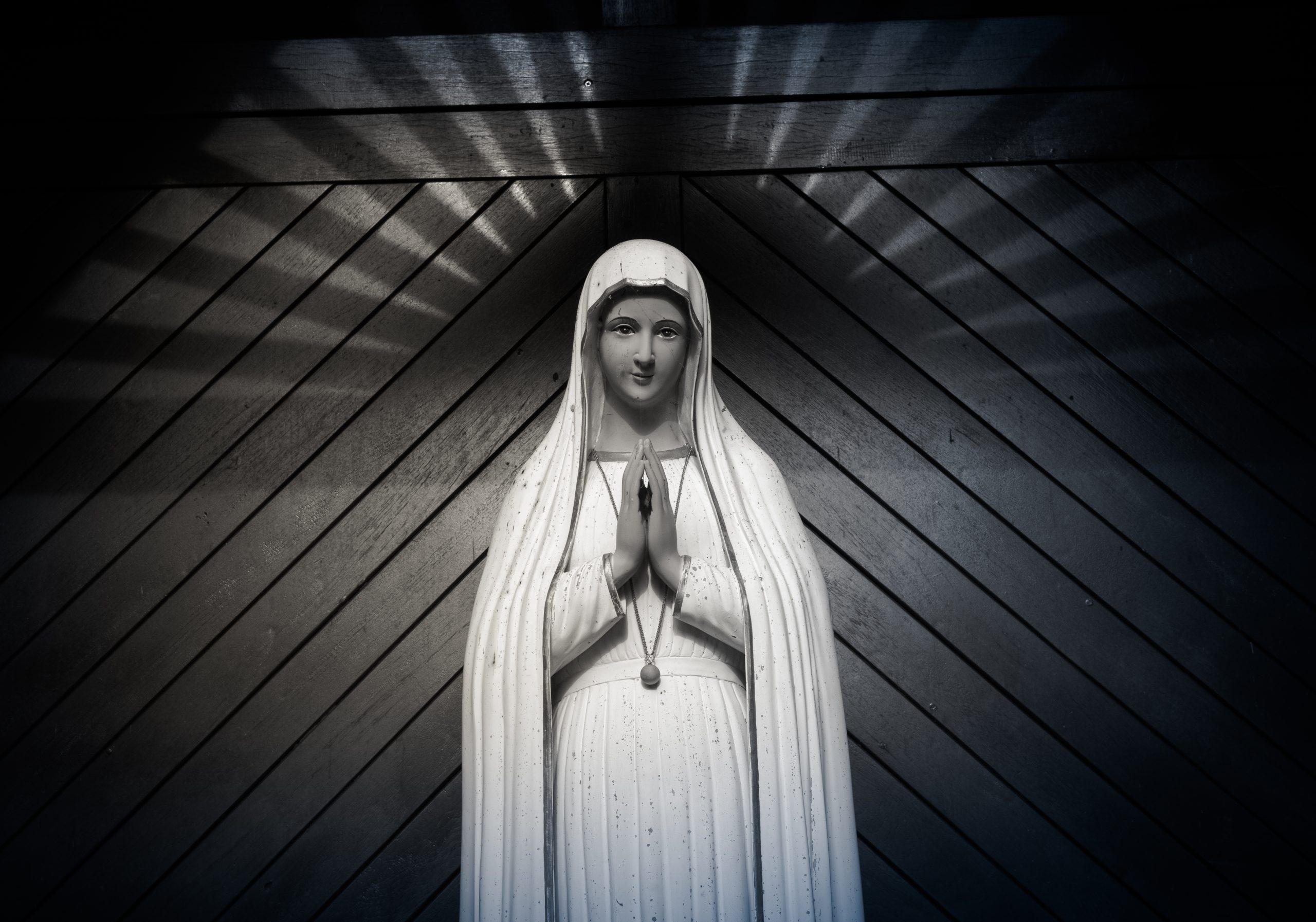 Statue of the Virgin Mary in prayer at a Catholic Social Services location