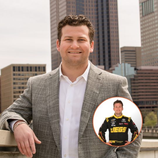 Cody Coughlin standing in front of the Columbus Ohio skyline, with an inset of Cody in JEG's racing uniform